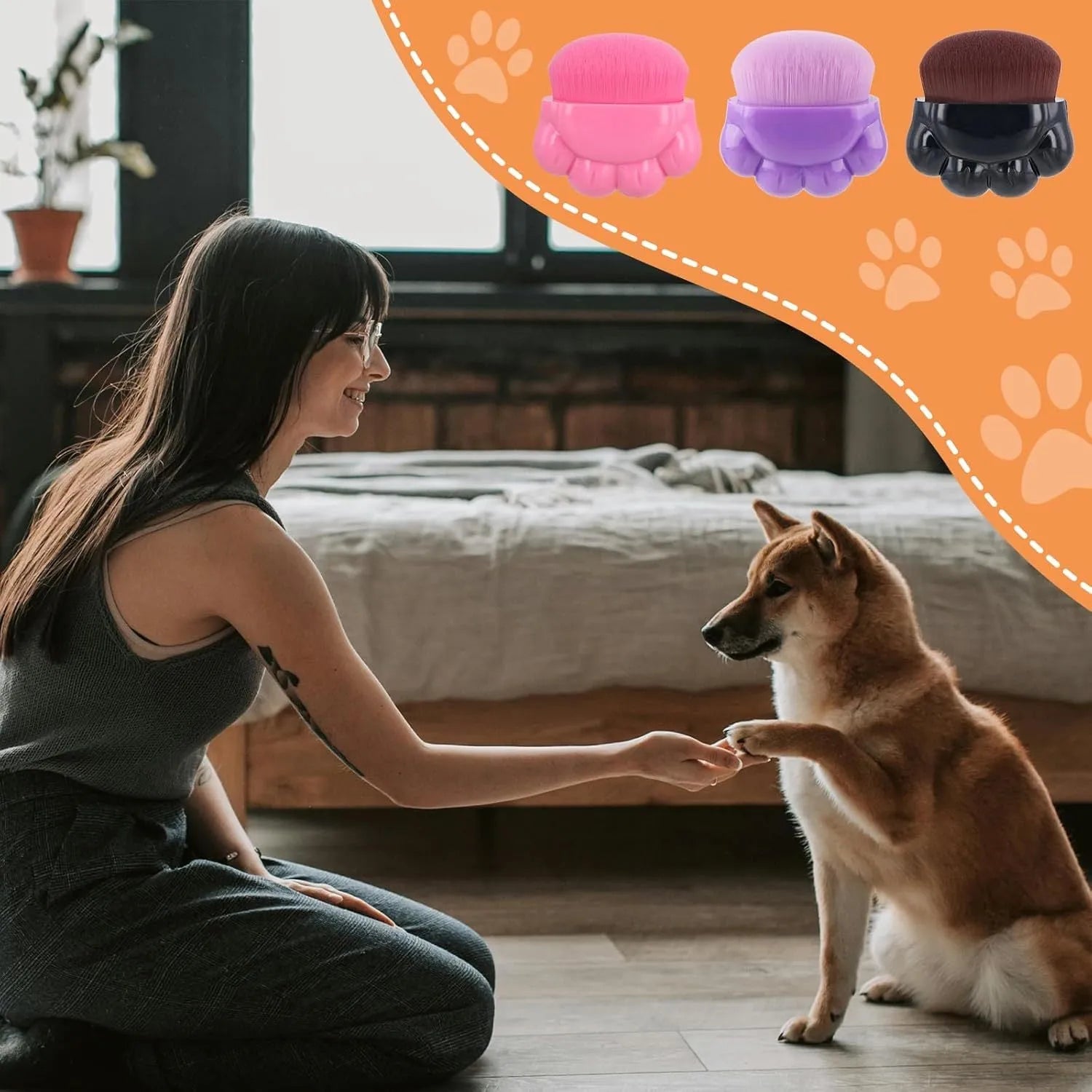 Three small pet paw-shaped balm brushes with soft fibre heads and plastic storage boxes.