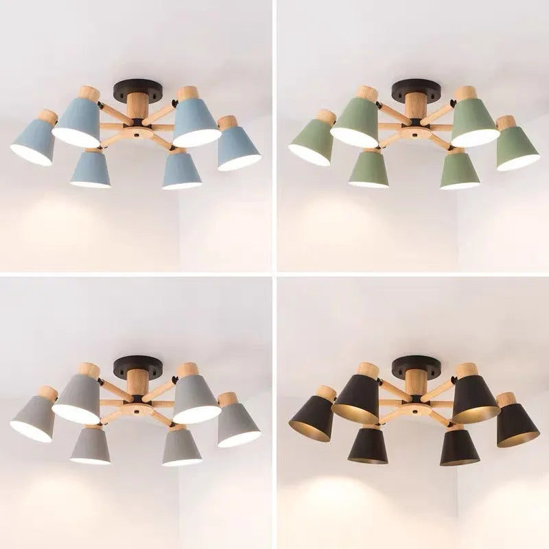 Nordic macaron ceiling pendant lamp with ironwood construction in multiple head configurations