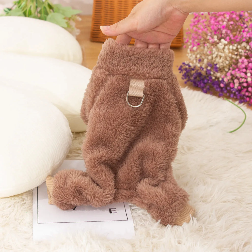 Double-sided thick plush dog coat with high collar in blue colour showing four-legged design and towing ring