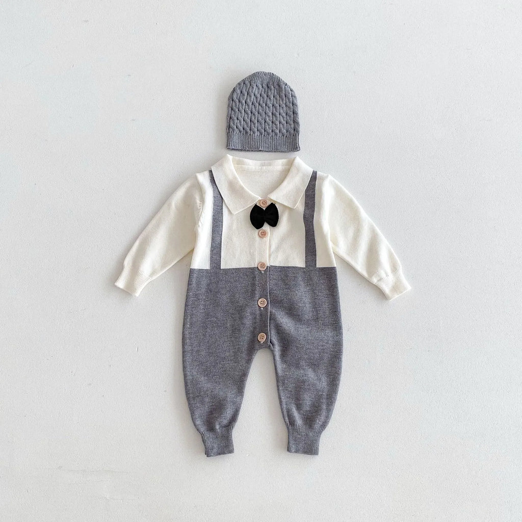 Infant lapel gentleman tie false two-piece suit in grey, brown, black, core-spun yarn fabric, long sleeve unisex baby romper for 66-90cm height
