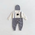 Infant lapel gentleman tie false two-piece suit in grey, brown, black, core-spun yarn fabric, long sleeve unisex baby romper for 66-90cm height