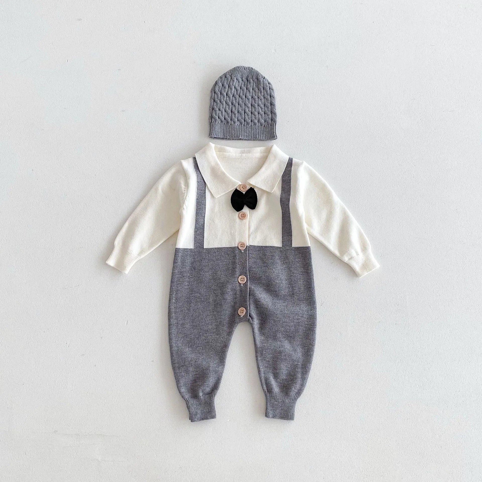 Infant lapel gentleman tie false two-piece suit in grey, brown, black, core-spun yarn fabric, long sleeve unisex baby romper for 66-90cm height