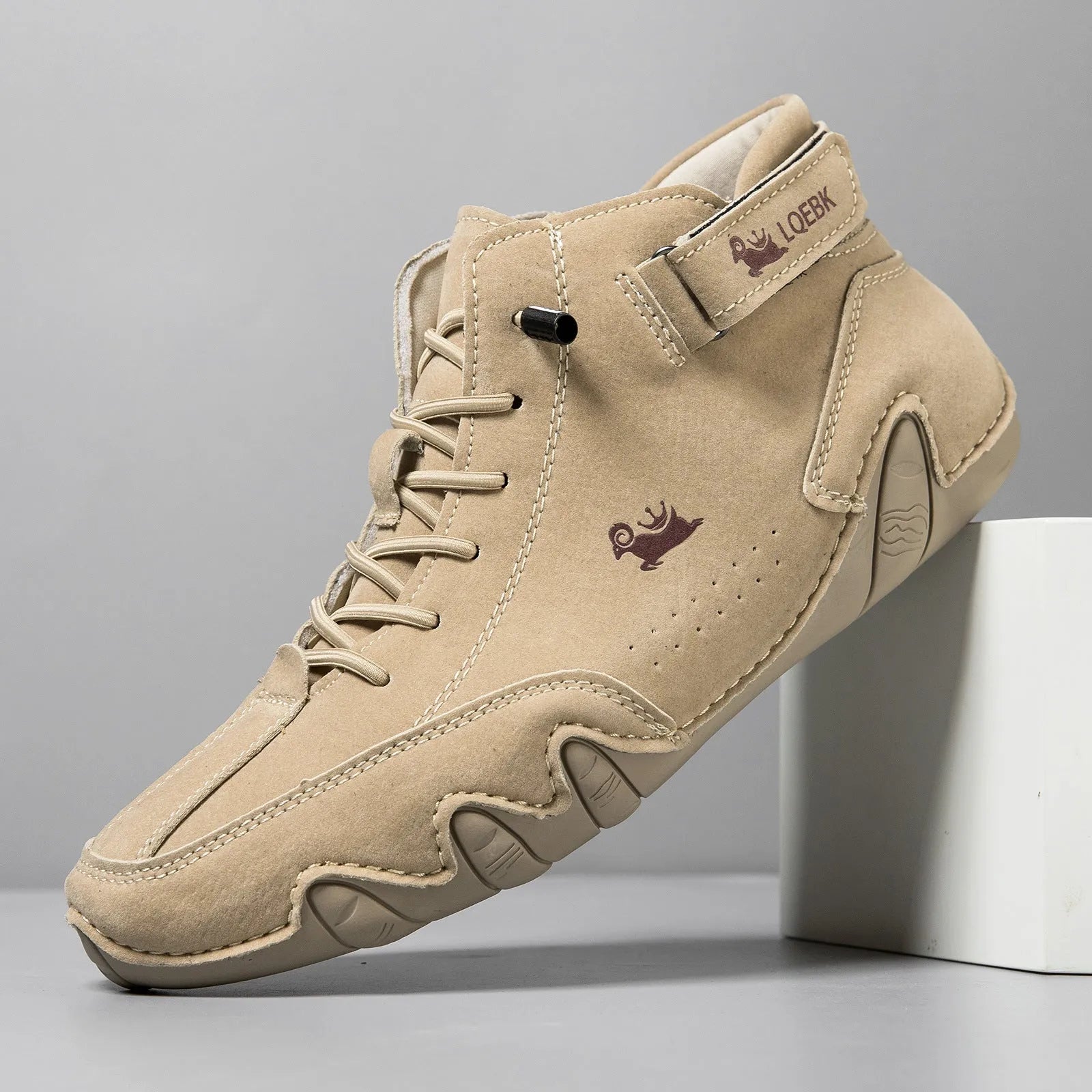 Men's brown high-top Martin boots with round toe and flat rubber sole