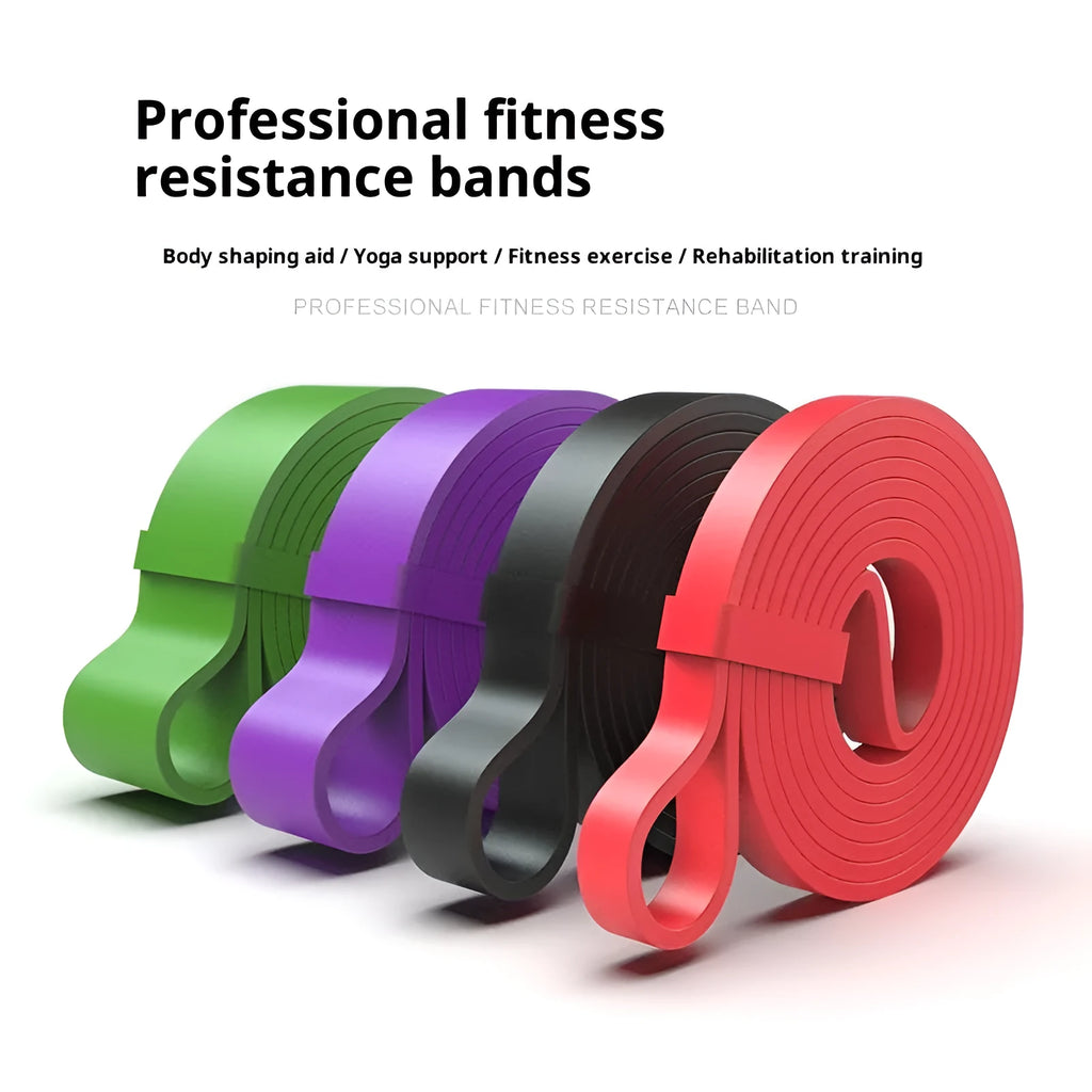 Set of five TPE resistance bands in yellow, red, black, purple, and green for home gym strength training.