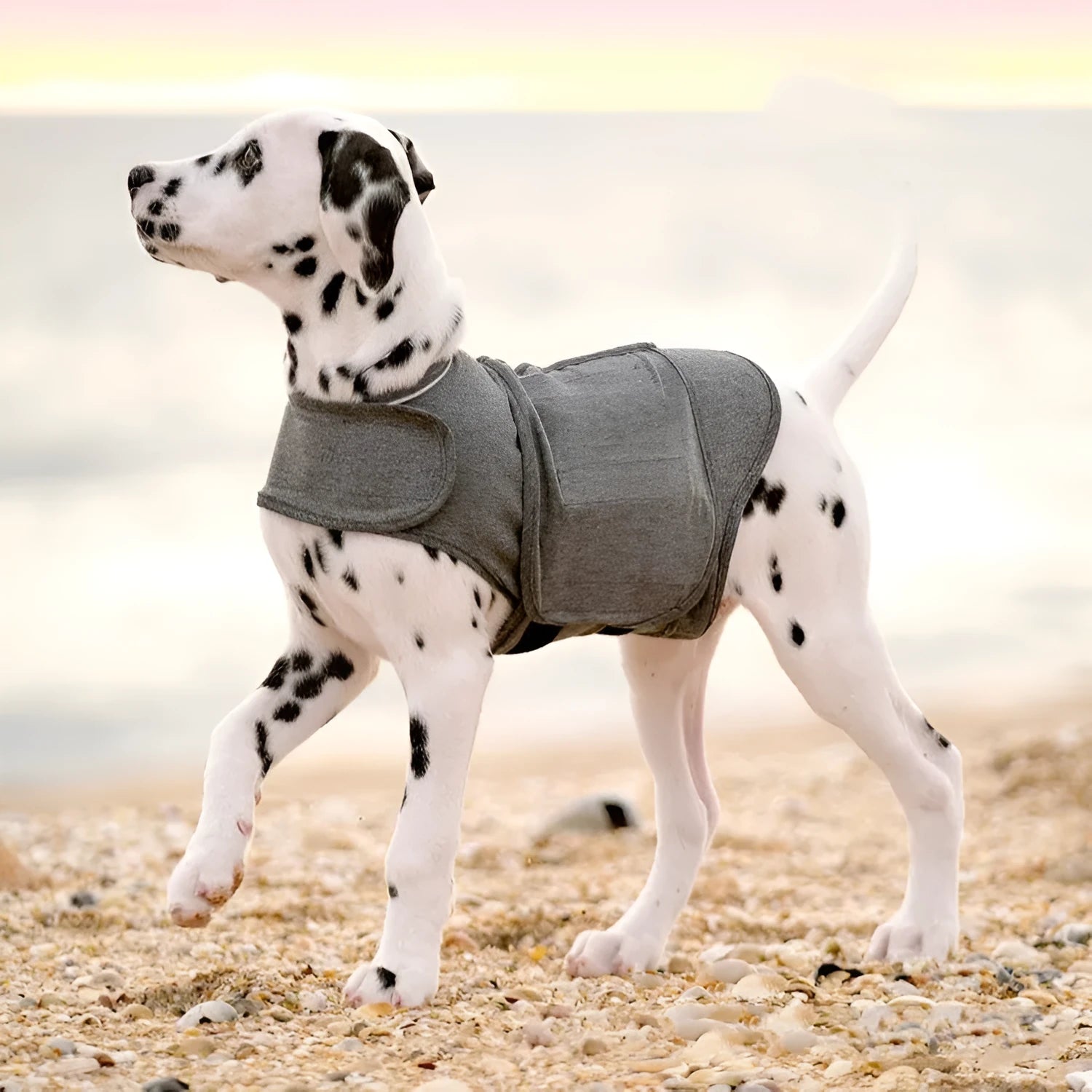 Heather grey dog anxiety vest or warm jacket on a size chart showing weights from under 4kg to over 50kg.