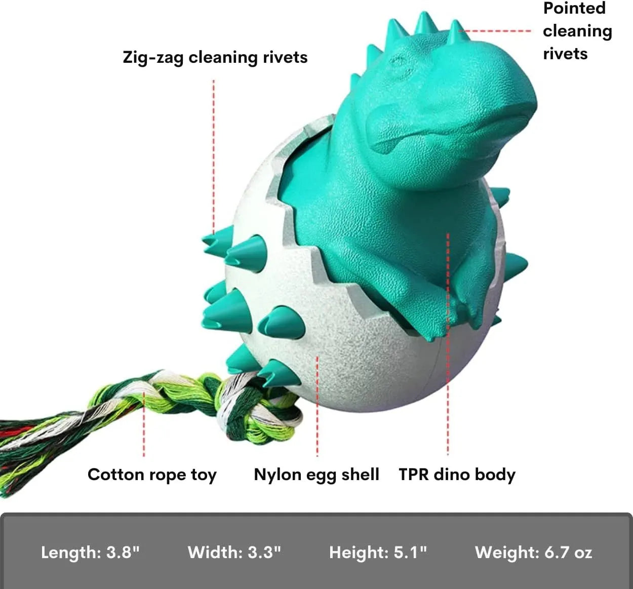 Blue durable dinosaur-shaped dog chew toy with rope for aggressive chewers