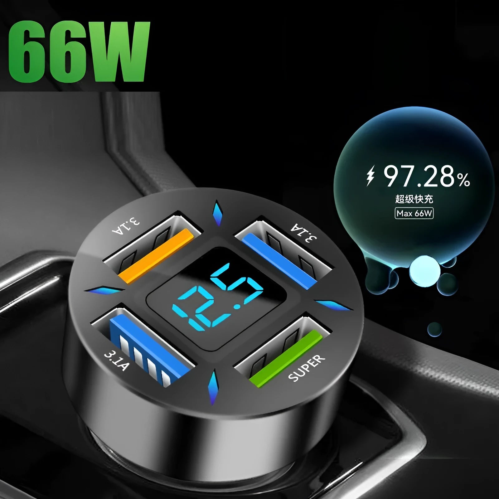 Four-port USB car charger with QC3.0 fast charging and LED voltage display for vehicles.