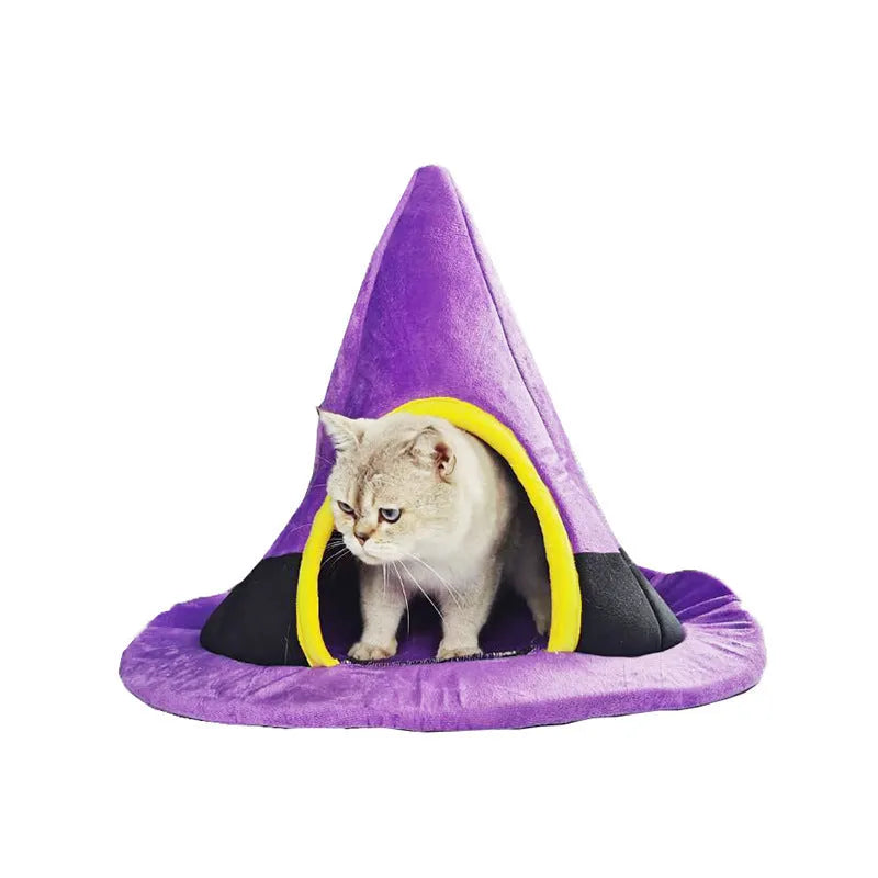 Purple Halloween witch hat shaped cat bed measuring 60x45cm
