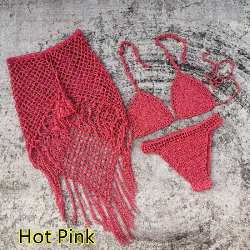 Women's three-piece bikini set with handmade crochet beach skirt in acrylic fabric