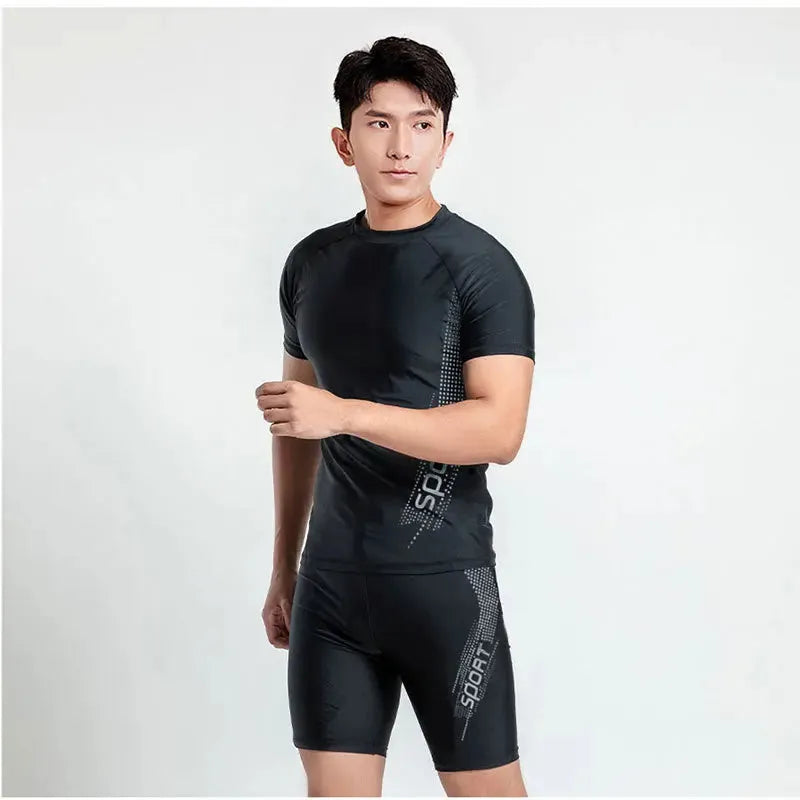 Men's patterned swimsuit set with top and pants in polyester fabric