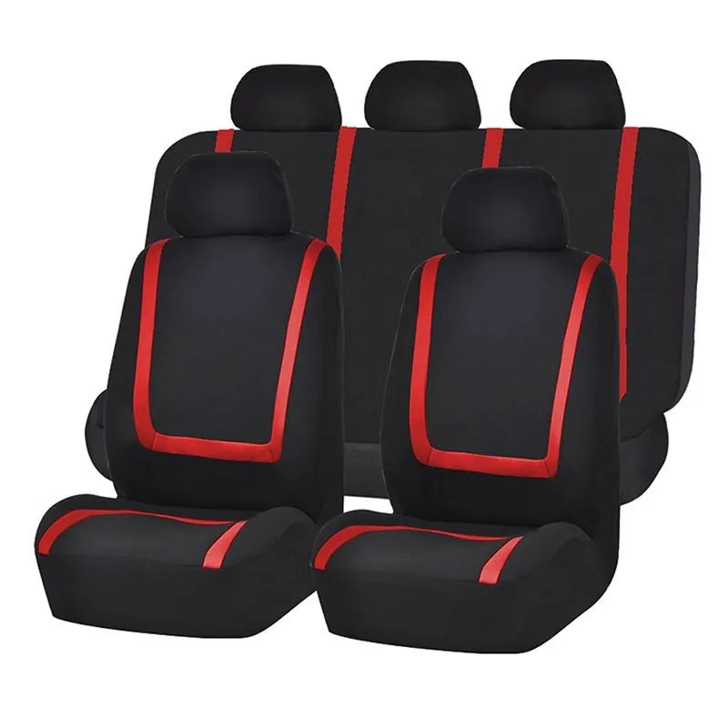 Universal fabric car seat cover set showing headrest and seat panels in a two-tone colour option