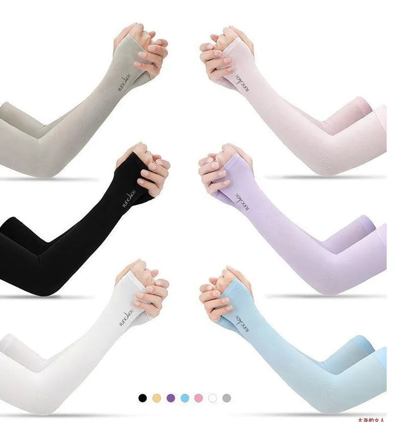 Unisex open-finger nylon sun protection sleeve for driving, shown in blue.
