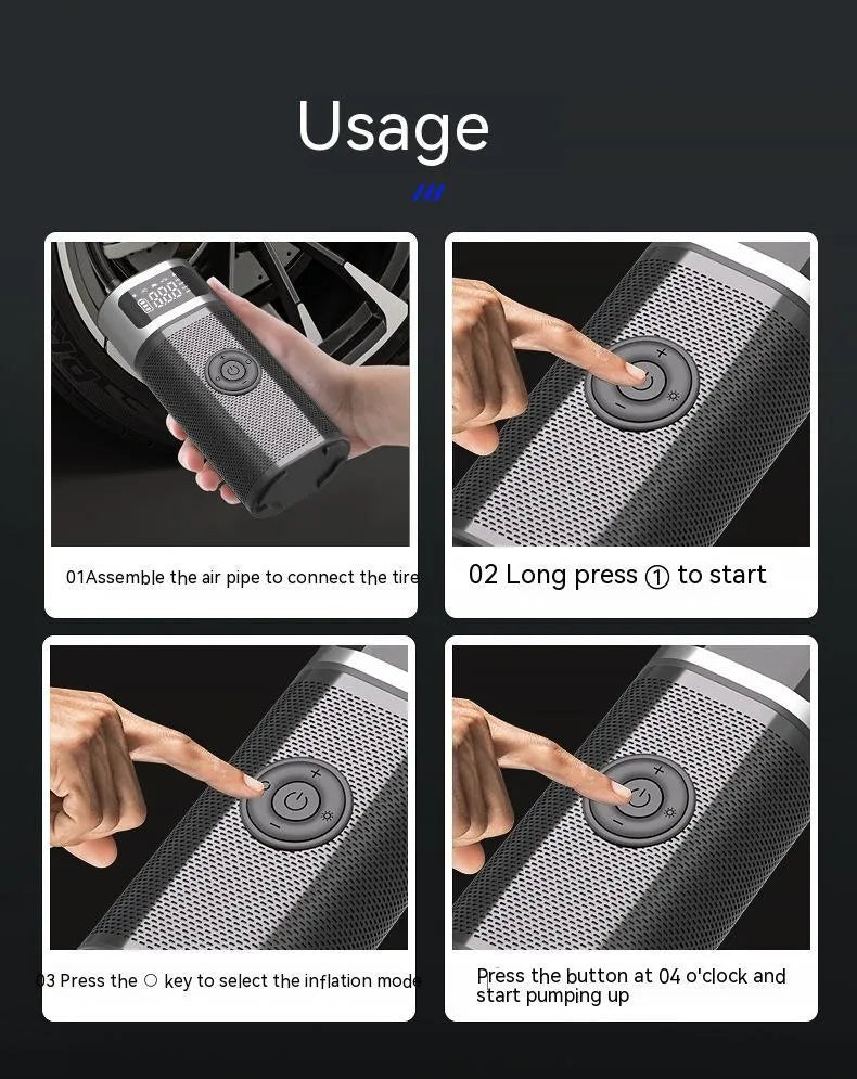 Black portable wireless car air pump with a digital display, inflation hose, and a set of nozzles on a black background.