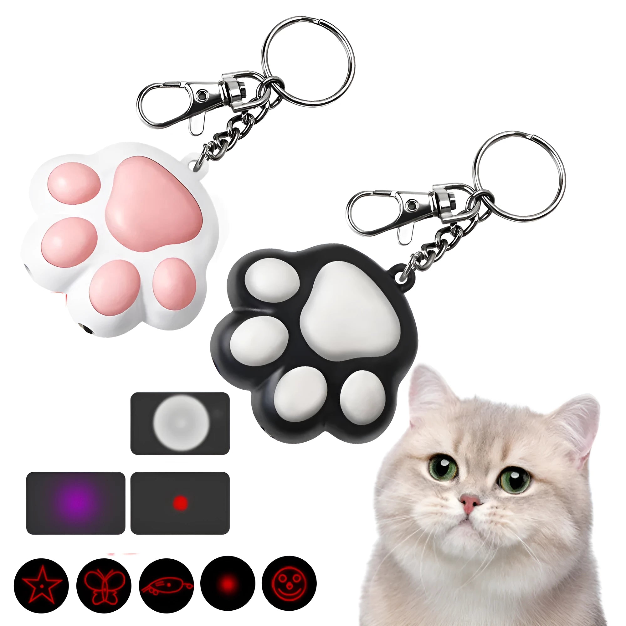 Pink and black USB rechargeable infrared cat teaser toy with keychain attachment