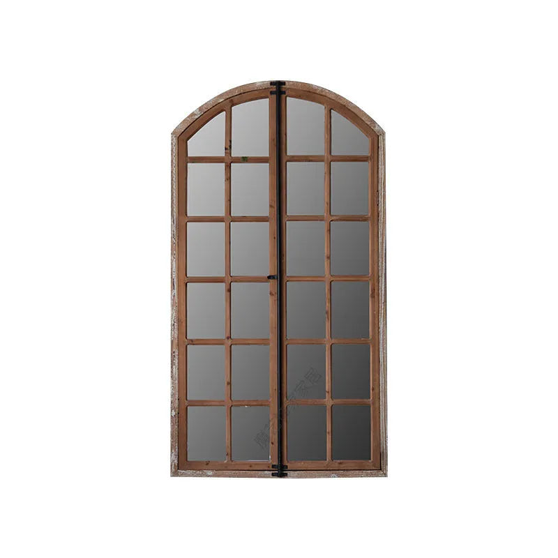Distressed log-coloured wooden frame fake window wall mirror with single glass pane.