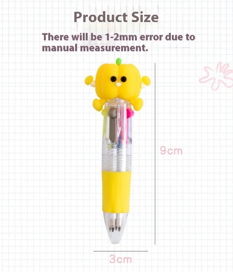 Cute cartoon four-colour press ballpoint pen with silicone grip and 0.7mm tip on a notepad.