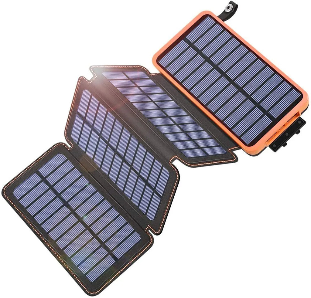 Outdoor rainproof solar phone charger with LED light in multiple colour options on a rustic surface.