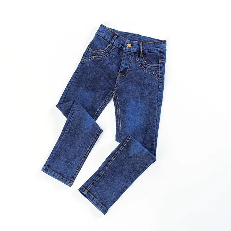 Boys' blue flat stretch slim long jeans on a child model