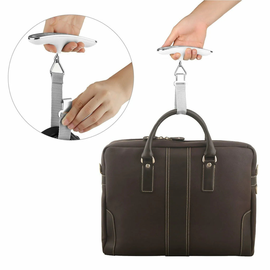 Portable silver LCD digital luggage scale with belt and backlit display showing weight in kg