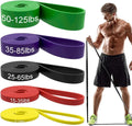 Set of five TPE resistance bands in yellow, red, black, purple, and green for home gym strength training.