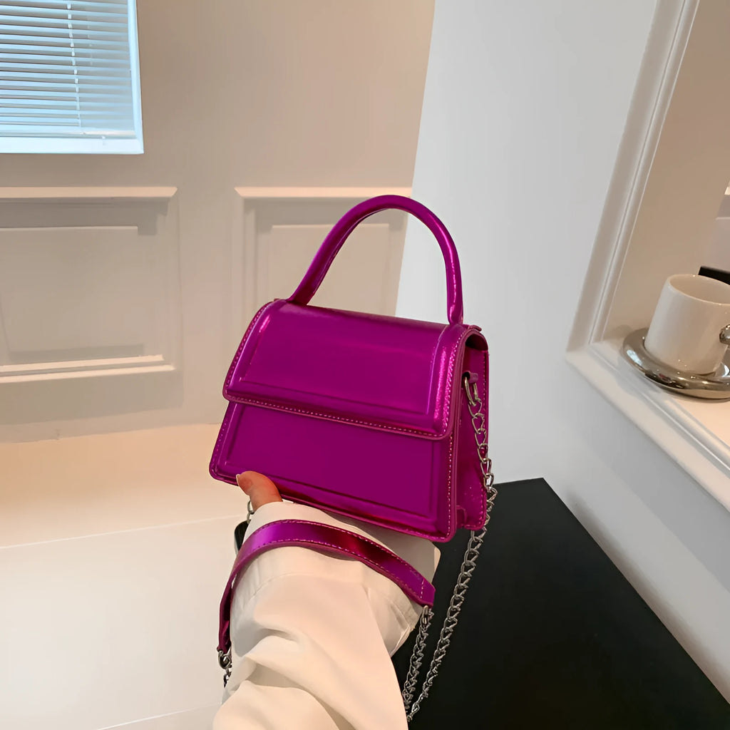 PU leather retro crossbody bag in horizontal square shape with sewing line detail