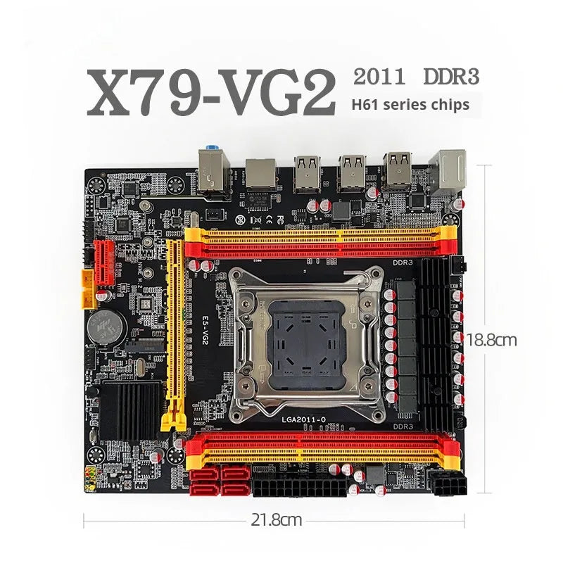 X79-VG2 desktop motherboard with LGA 2011 socket, DDR3 slots, PCIe x16 slot, and rear I/O ports.