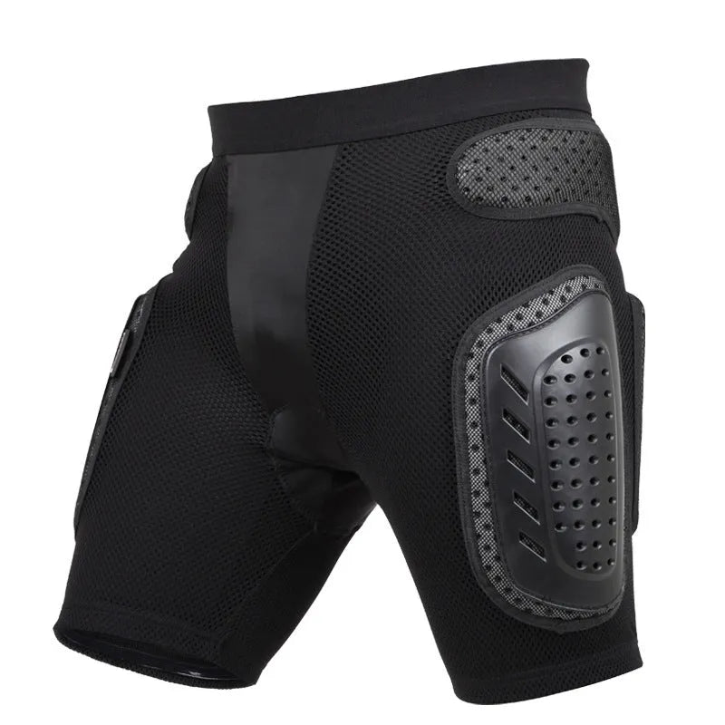 Black cycling hip protection pants with integrated hip pads shown in adult sizes