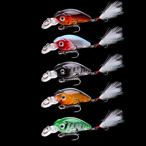 Lure Rock Little Fat Man 4.5cm feather fishing lure with 3D eyes and reinforced hook, five colour options on white background
