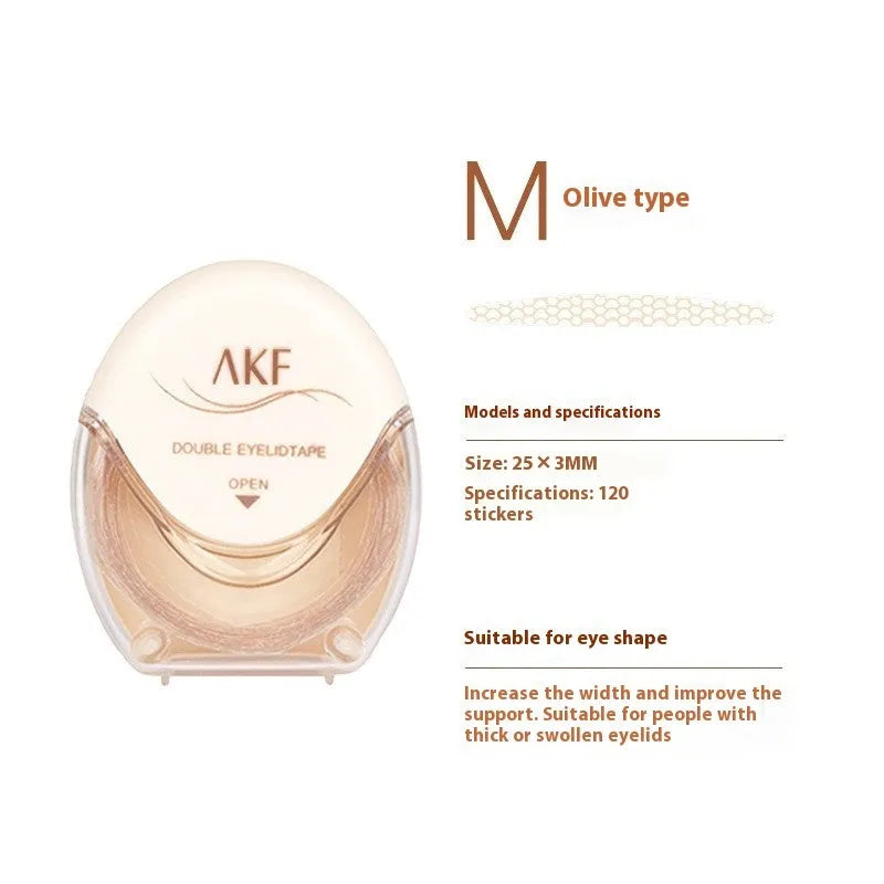 Double eyelid stickers showing invisible lace design in three shapes: Crescent S, Crescent M and Olive M