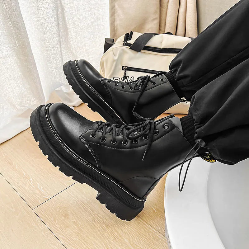 Men's black high-top platform boots with a side zip and frosted cowhide leather upper.
