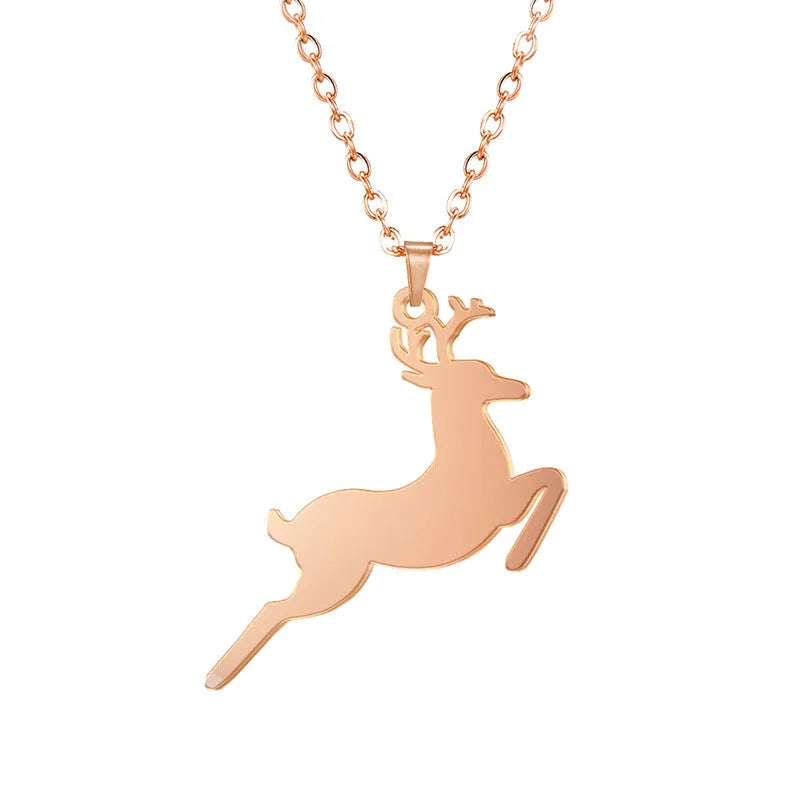 Deer pendant stainless steel necklace with titanium steel pendant electroplating finish in rose gold on white background