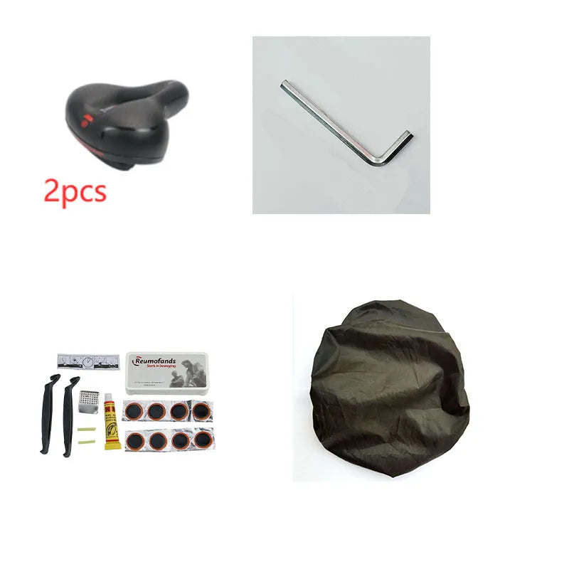 Soft silicone bicycle cushion with PU leather cover, wrench, and waterproof accessories.