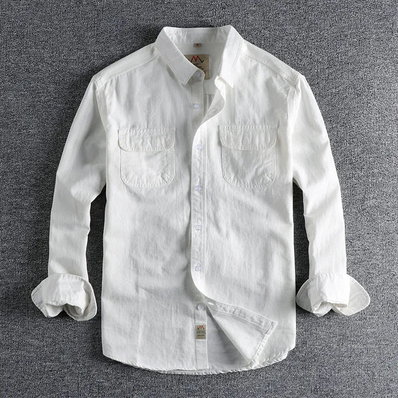 Men's cotton long sleeve shirt in cardigan style, solid colour white or light blue option