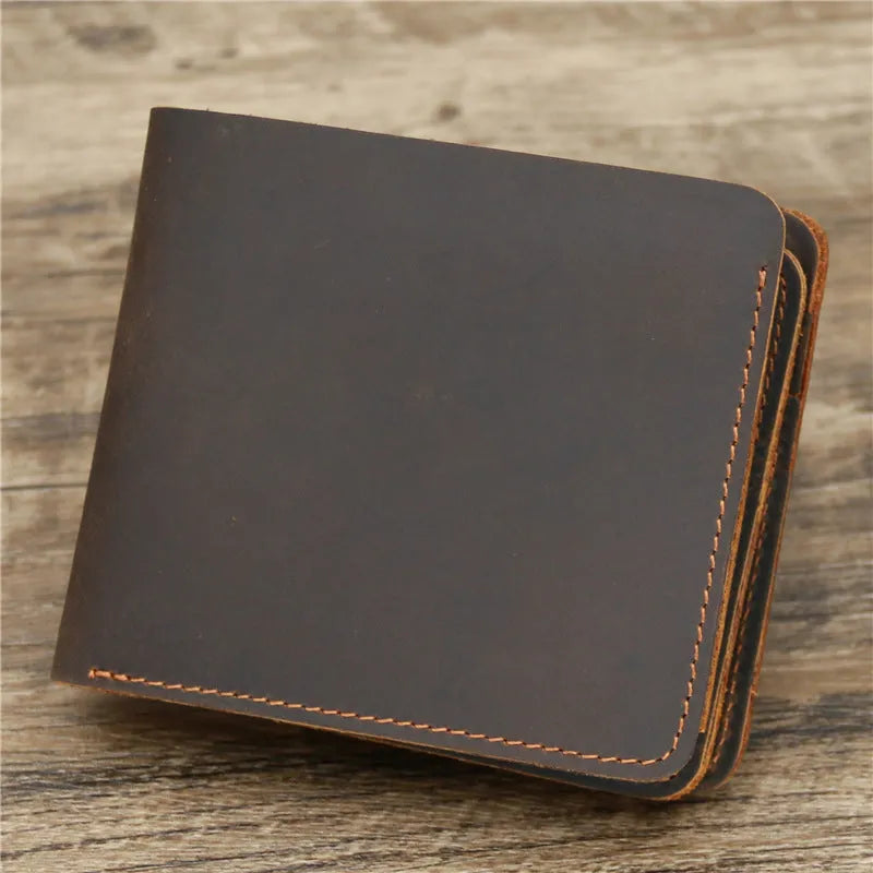 Men crazy horse leather money card wallet, retro red brown, 11.5cm long, horizontal design