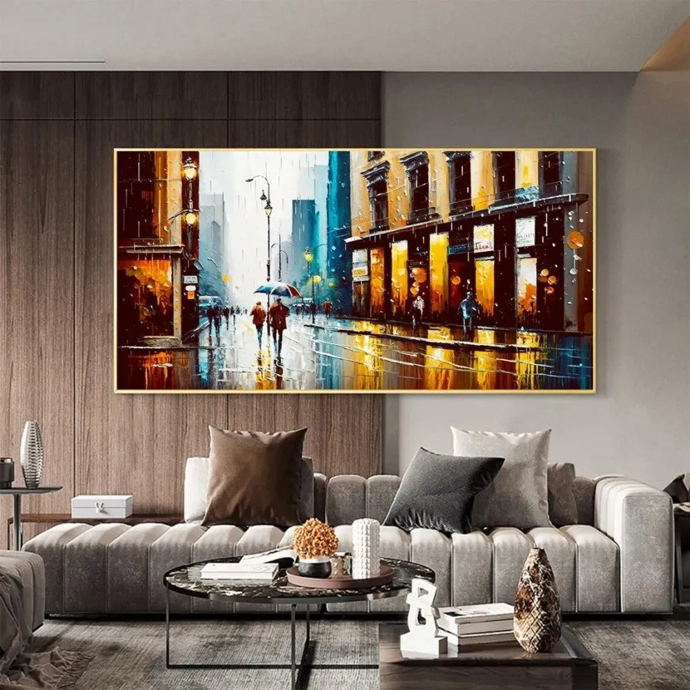 Handmade oil painting canvas wall art, modern abstract urban architectural street scene, horizontal rolled frameless unstretched painting