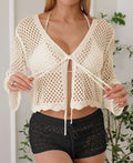 Short hollow woven cardigan blouse with bell sleeves in imitation cotton fabric