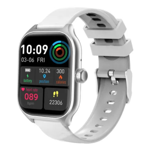 Gold smart watch with touch screen displaying heart rate data on a silicone strap.