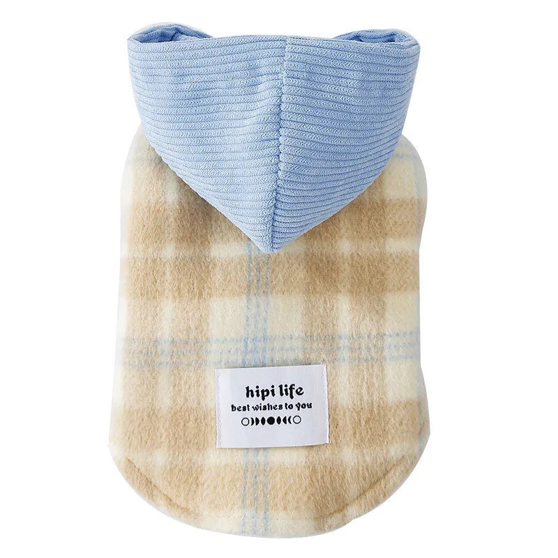 Blue corduroy dog hoodie with chessboard grid pattern and hooded traction design