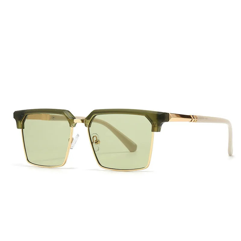 Men's square plastic sunglasses in six colour options on a white background.