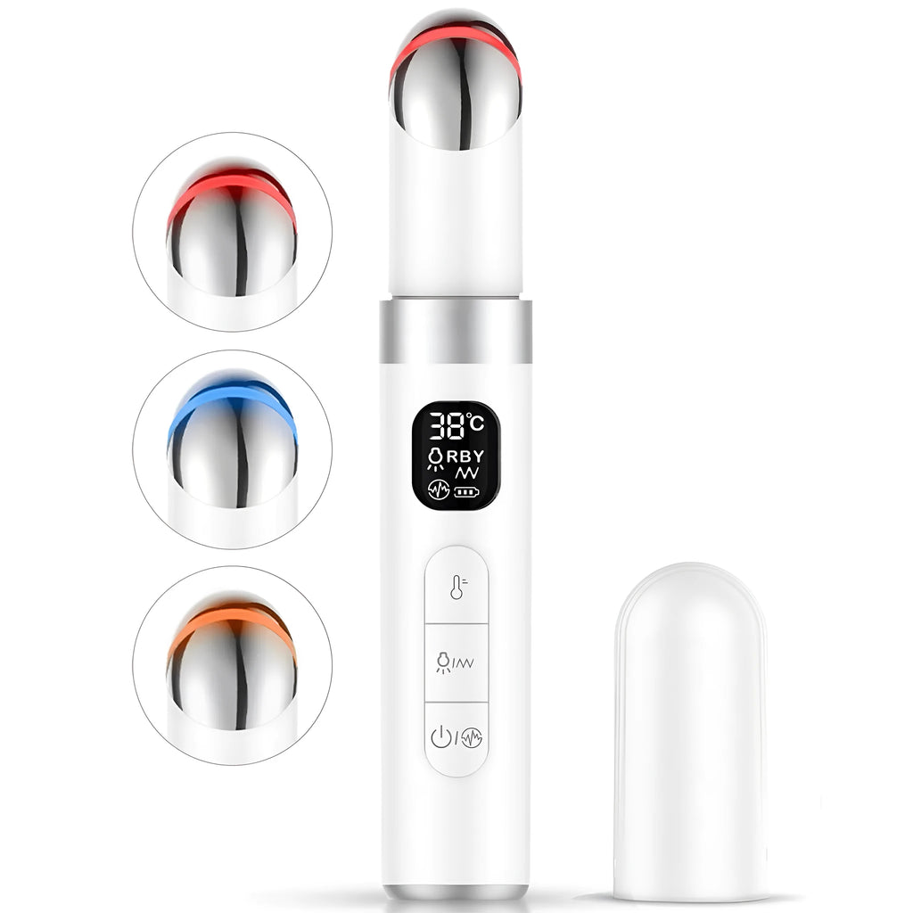 White eye bag removing massage instrument for home use with 3 gear settings and colour light function