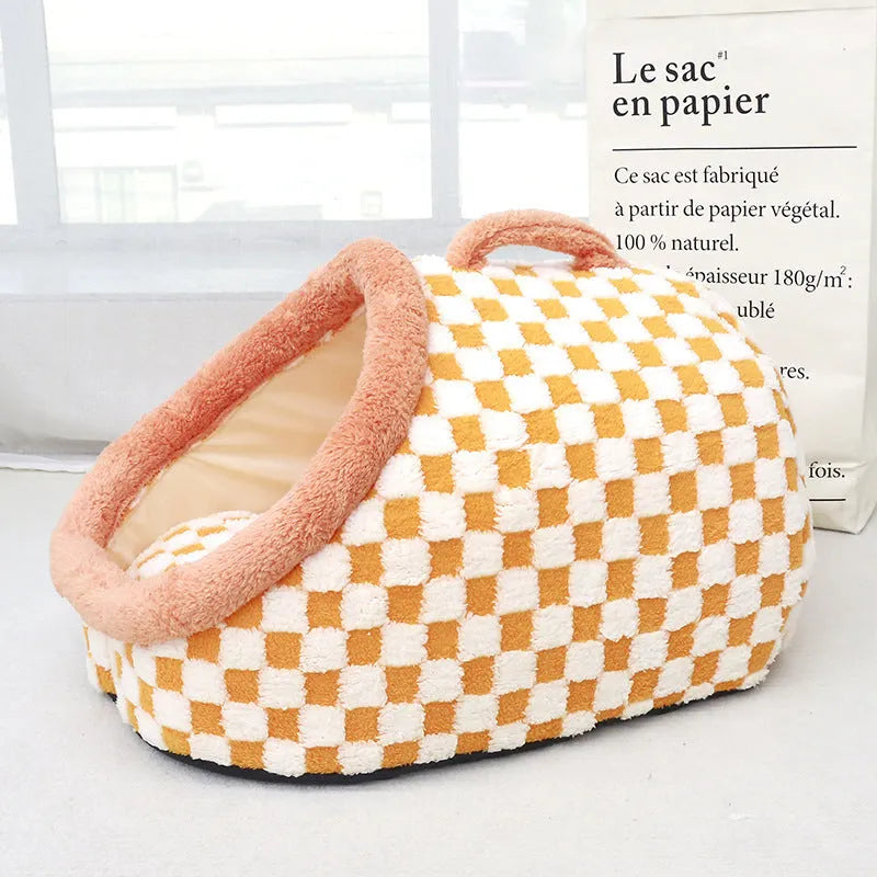 Four Seasons semi-enclosed dog bed in chessboard yellow, cloth material, 42x30x25cm size, for indoor use