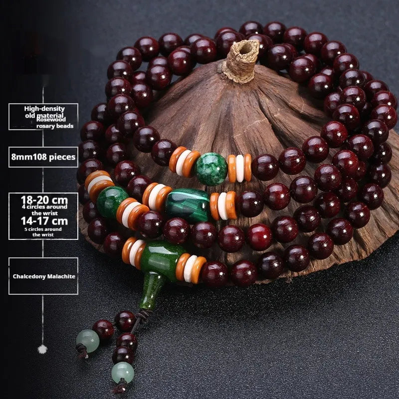 Men's traditional rosewood bracelet with 108 beads, showing lapis lazuli and turquoise accent styles.
