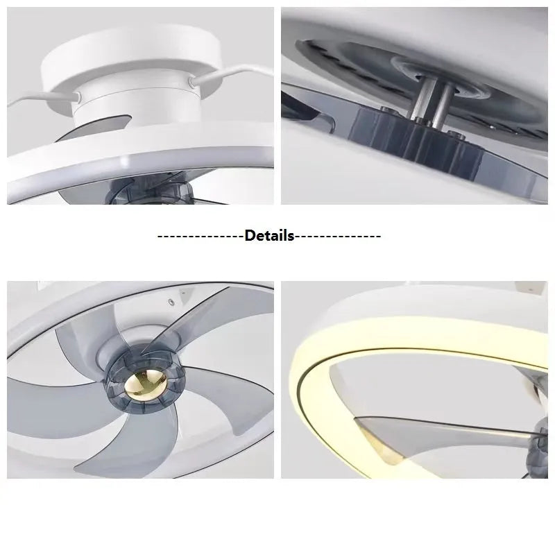 Modern simple ceiling fan lamp with light, 50cm diameter, shown in a selection of colours.