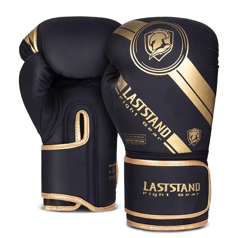 Pair of PU leather boxing gloves in black gold colour, 10oz size, vertical style for training