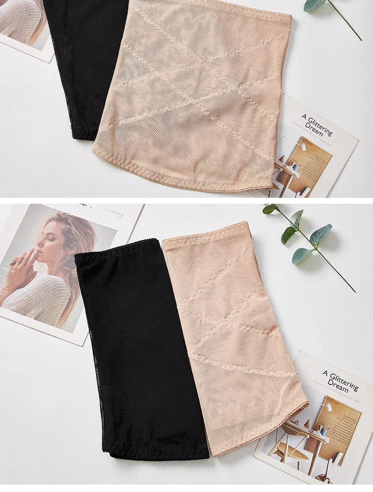Mesh belly band body sculpting strap in black showing cross-waistband design