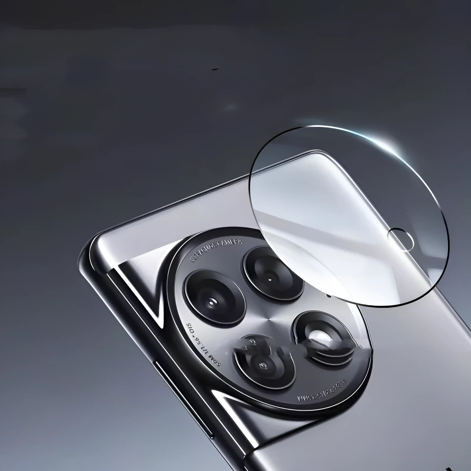 OnePlus tempered glass lens protector with black ring design for 12, Find N3, and 11 models.