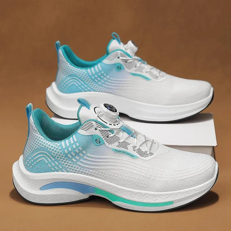 Men's low-top sneaker with mesh upper and rotating buckle, shown in white and orange colour.