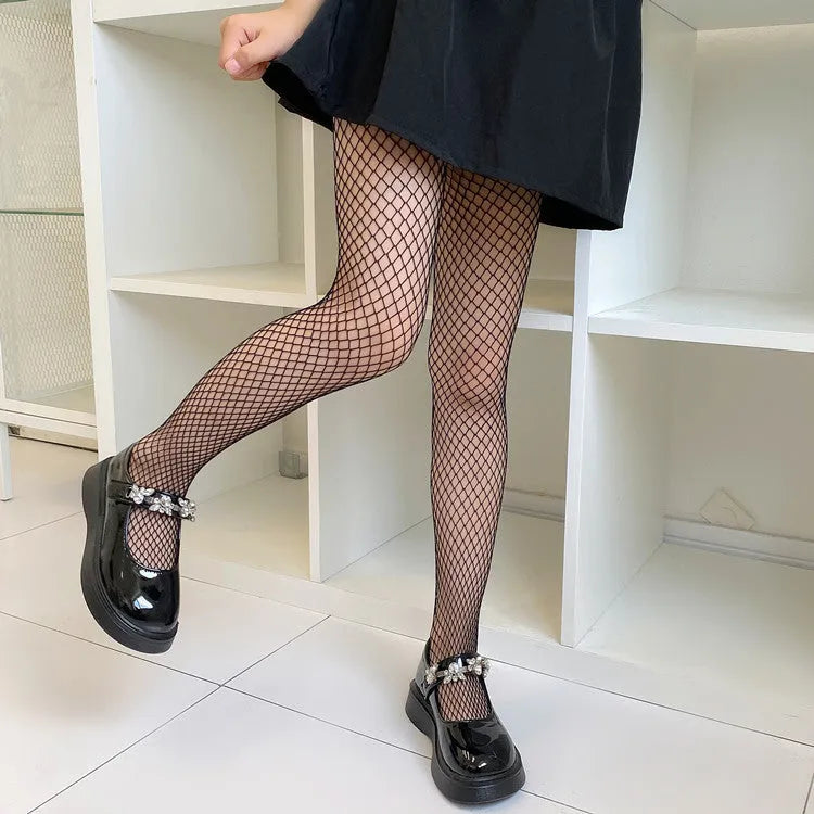 Sheer mesh pantyhose for women showing large, medium and small net patterns in black and white