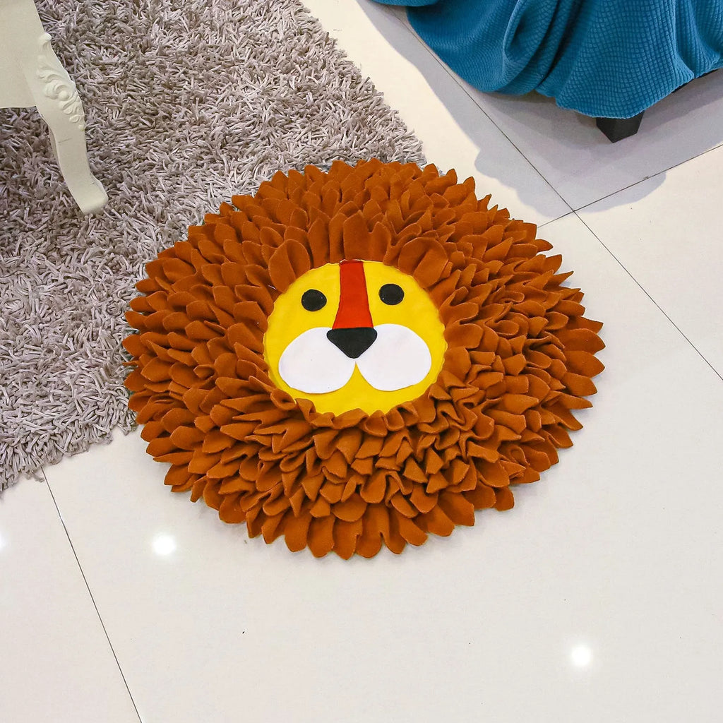 Brown lion pattern snuffle mat for dogs and cats showing fabric folds for food hiding