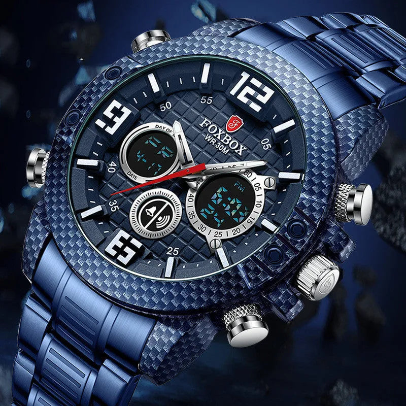 Dual display electronic watch with pointer and number, luminous dial, 44mm alloy case, black option
